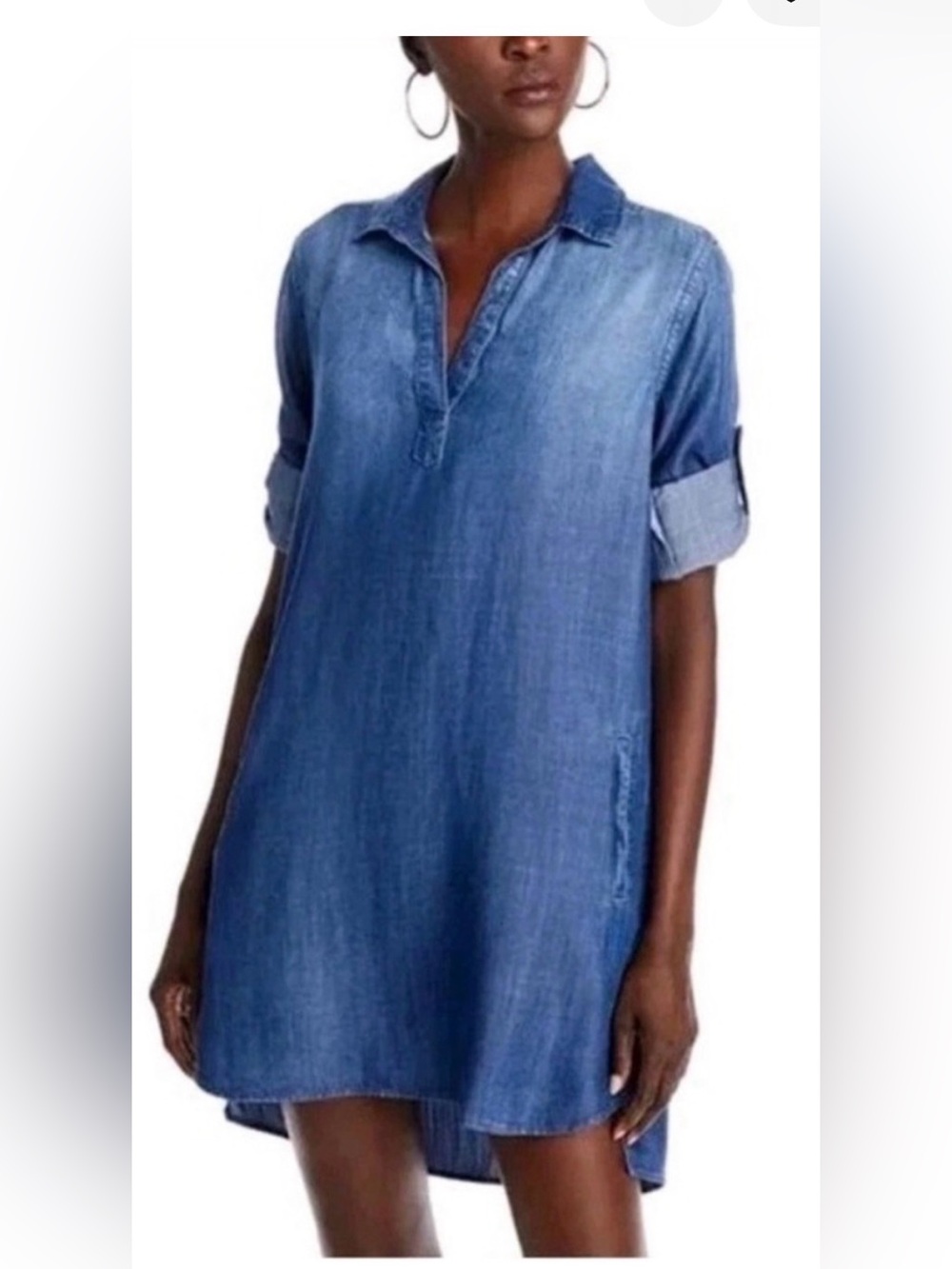 cloth & stone Chambray V-Neck Tunic Dress in Blue